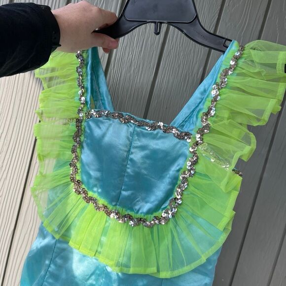 VTG Handmade 2-Piece Dance Costume Blue Lime Tulle Set SZ Child M (Est.) - Picture 3 of 14